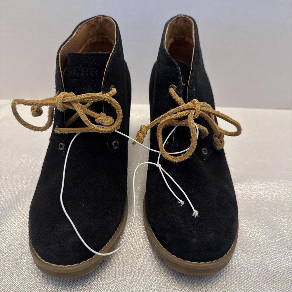 Sperry Stella Prow Wedges Ankle Lace Up Suede Black Booties Size 6M